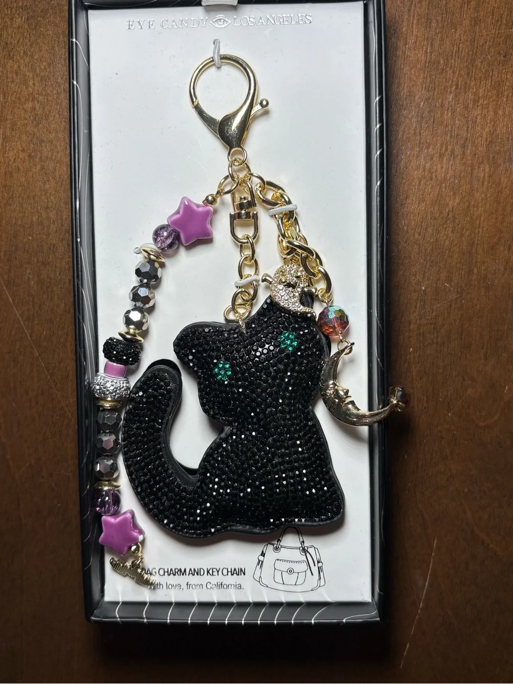 eye candy Black Cat Keychain with Green Crystal Eyes and Purple Star Beads